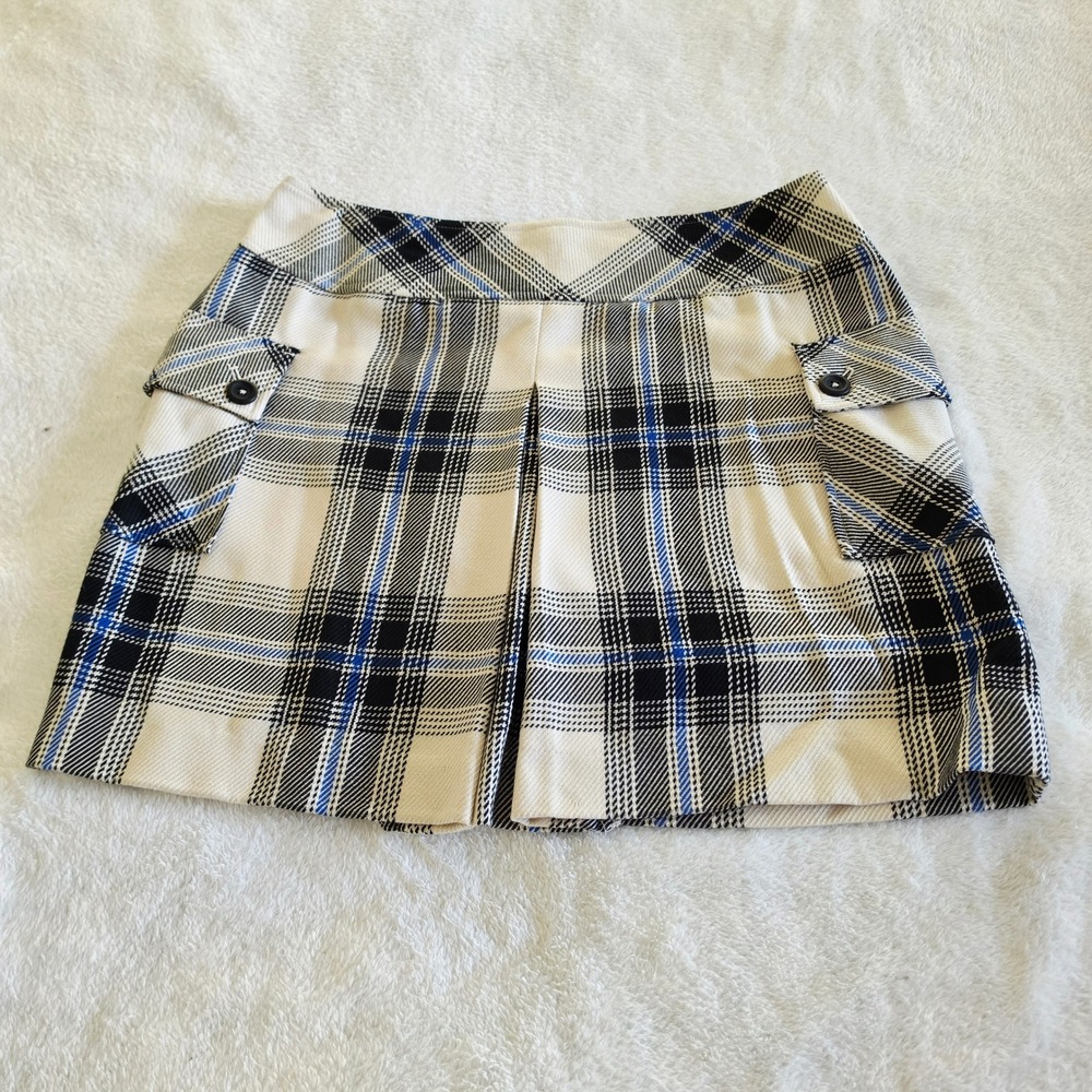 Vintage Y2K Mossimo Plaid Mini Skirt Blue Black Cream Cargo Pocket Pleated Sz 12